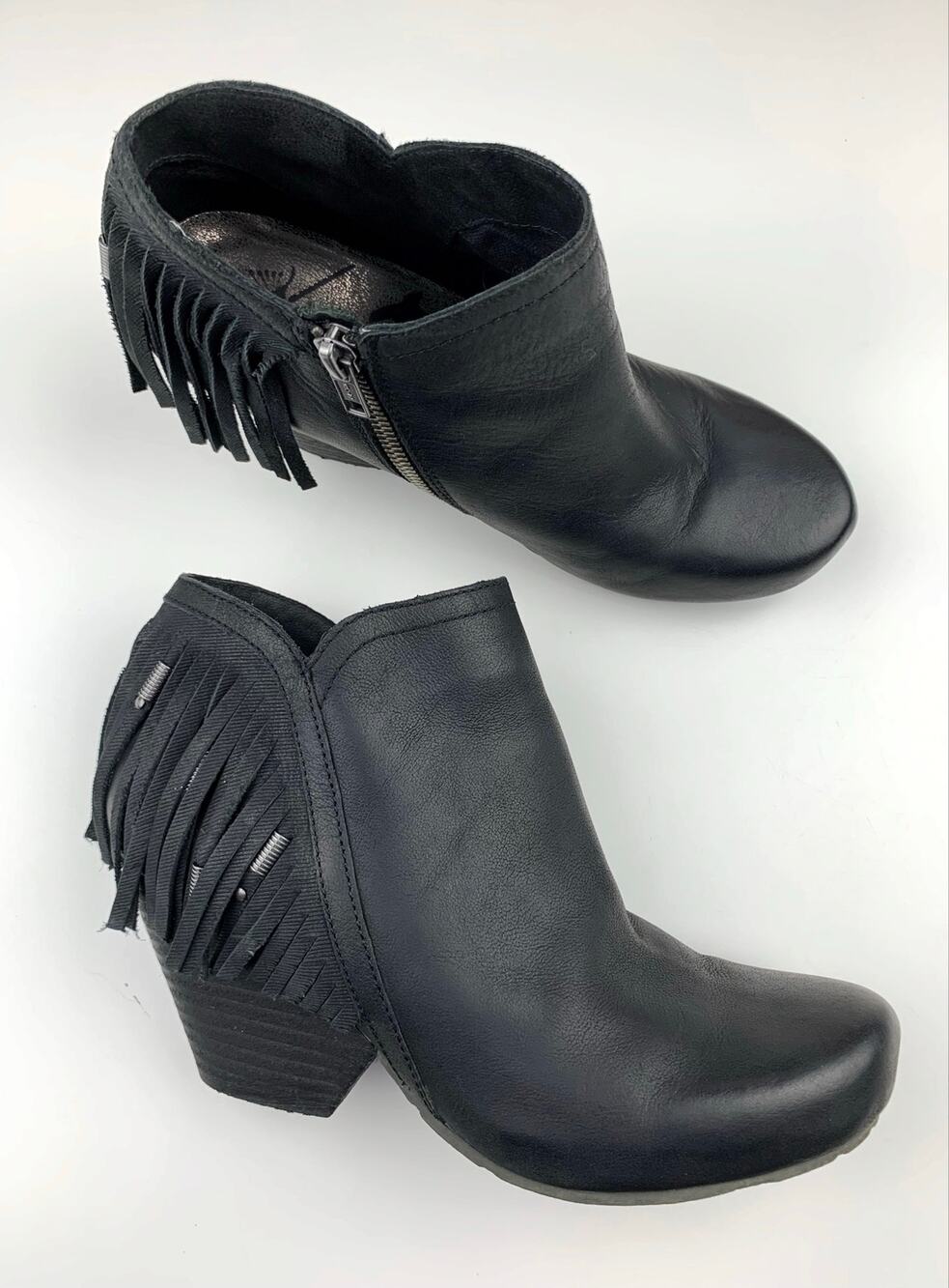 OTBT Folkloric Fringe Ankle Boots Black Leather 1970s Inspired Boho Women's 8